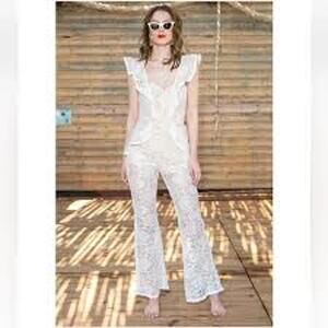 Seven Wonders Daisy White Lace Boho Hippie Ruffed Jumpsuit 4